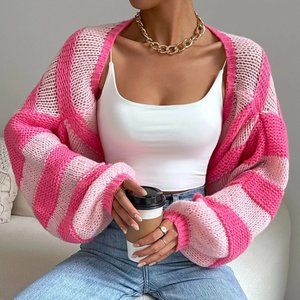 CASUAL PINK STRIPED BISHOP SLEEVE SHORT OPEN FRONT CARDIGAN
